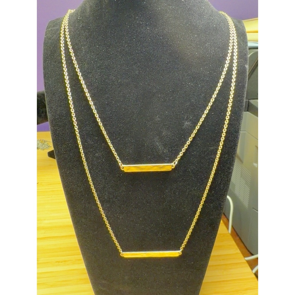 Long Layered Double Strand Hammered Bar Necklace Gold Tone 28" Adjustable
